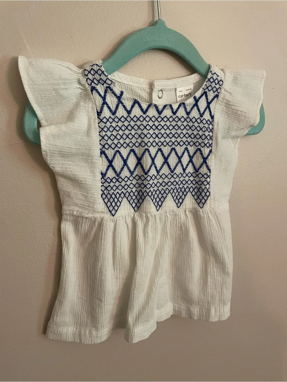 Carter's White Top with Blue Embroidered Front and Flutter Sleeves